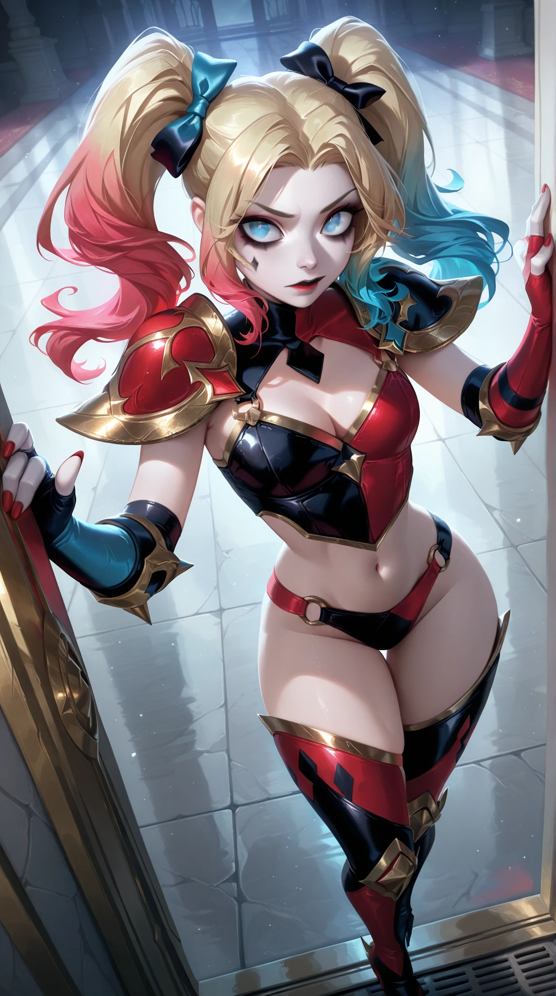 (best quality). (Ultra Detalhado). (1girl), Olhando para o Viewer. (Antecedentes detalhados). belos olhos detalhados. rosto delicado e bonito. (high saturation), seios grandes, droopy breasts, sexy Harley Quinn costume, full body, long legs, big breasts,