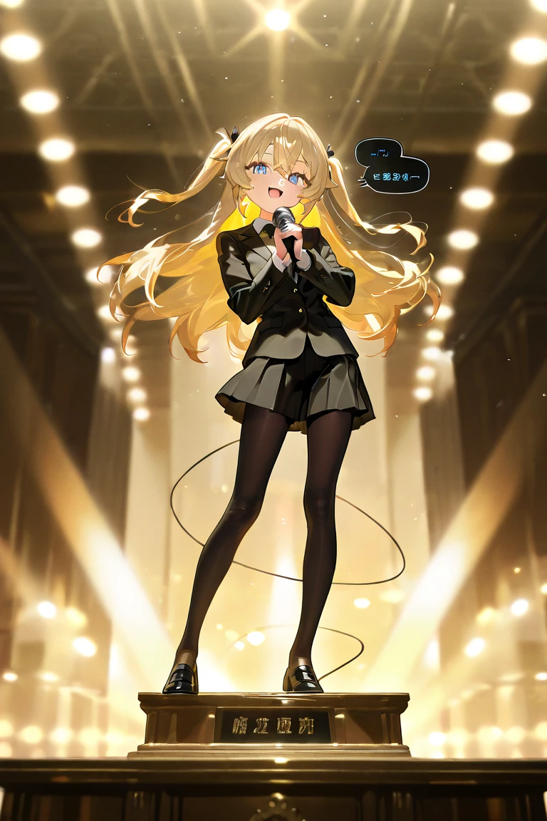 Pretty body ,hold camera , sharp eye , left eye close, look on camera , cute , front of concert stage , focus body , romanian face ,rockstar body , wear white pants and black tshirt ,cute smile ,blonde hair , wet hair , hair oranment ,circle earrimgs ,{full body}