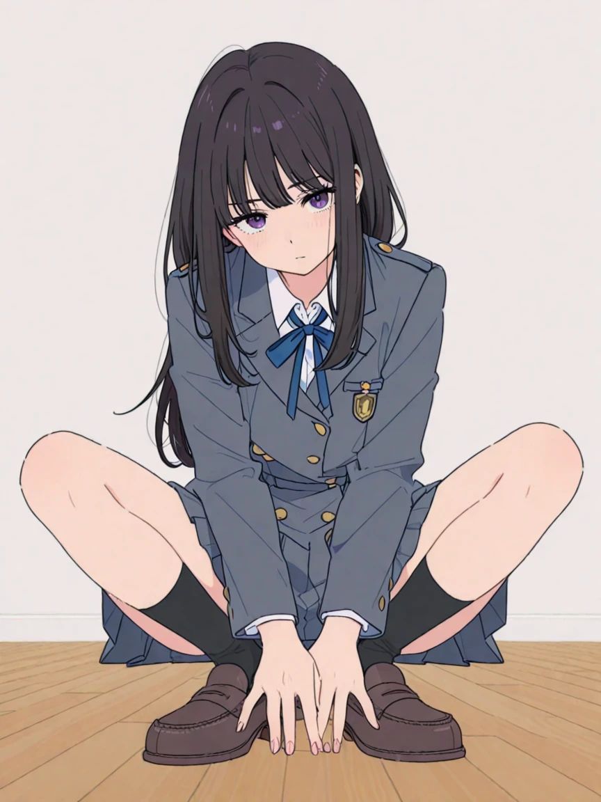 Highest quality, masterpiece, High resolution, (Head to Toe full body), front, frontComposition from slightly below, Symmetric, Tall 18 year old girl, alone, (Head to Toe), (Small breasts), Black Hair, bangs, (black tights), (Black Pantyhose), (Sit with your legs apart), (Crouching pose), (Composition depicting white panties), (Her legs were spread、White panties are visible.), (Sit on the floor with your legs spread), (M-shaped feet), Thin legs, Very beautiful tall 18 year old girl, (No shoes), smile、 Looking into the camera, blazer uniform, Checkered Pleated Skirt