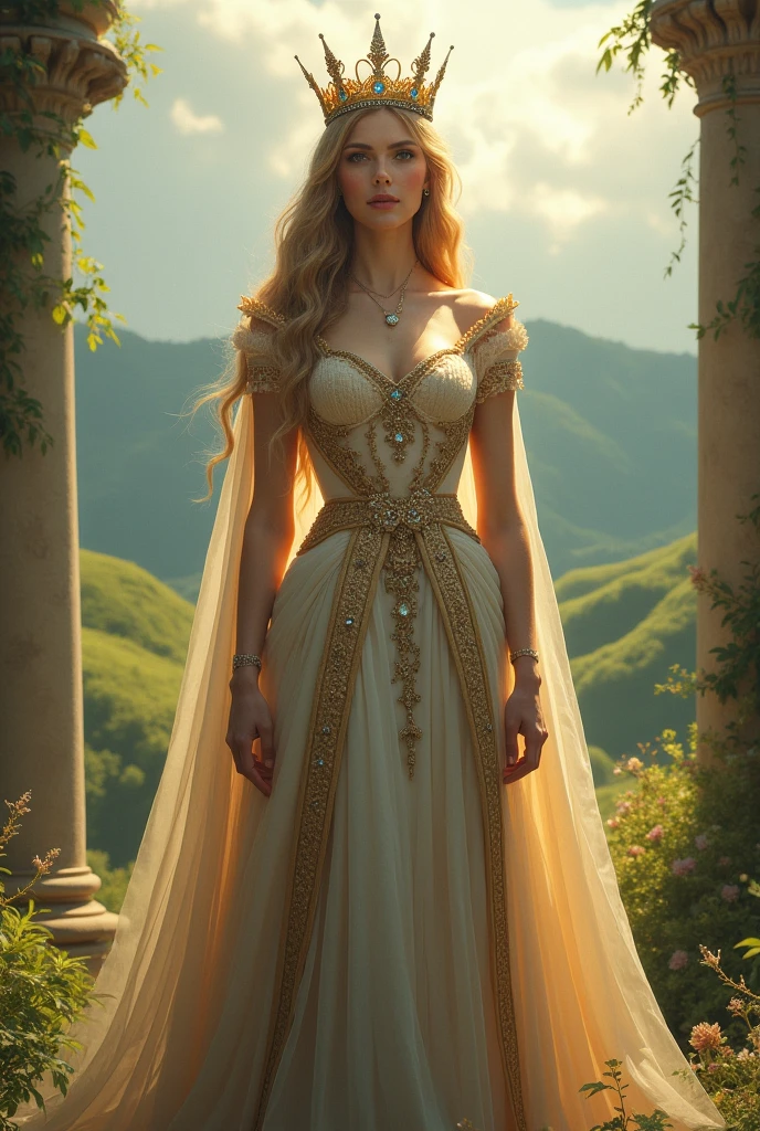 full - body shot A princess, adorned in gold, wearing knight's armor, standing in a romantic forest on a misty moonlit night, looking scared. She has very long blonde hair, blue eyes, full red lips, brown skin, muscle, ultra - realistic skin texture, sensual figure, and sensual gaze. The scene is depicted in an ultra - detailed, photorealistic, film - like manner, with an ethereal glow of light