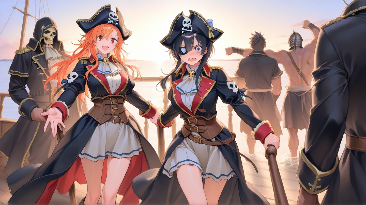 Full-length pirates-girls on the beach