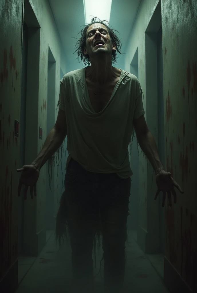 interior view of outside stainding zombie touching a window with bars, high octaine, high detail, hyper realistic, masterpice