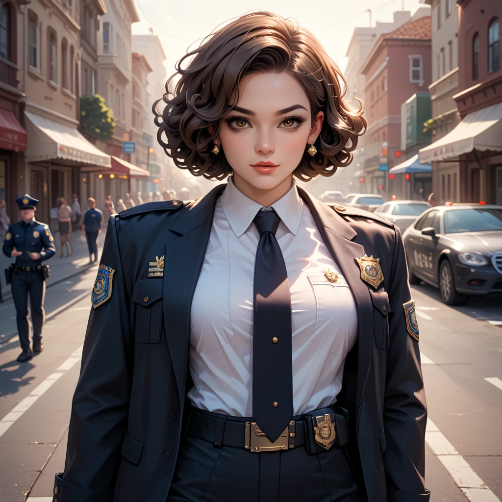Agent Topaz, short brown hair, blue eyes, blue earrings, dark blue government uniform,blue tie,badge, medals, mini skirt, looking at viewer, serious, medium shot, standing, outside, hand on hip, sidewalk, city, blue sky, high quality,masterpiece,<lora:Topaz_SonicX:.7>