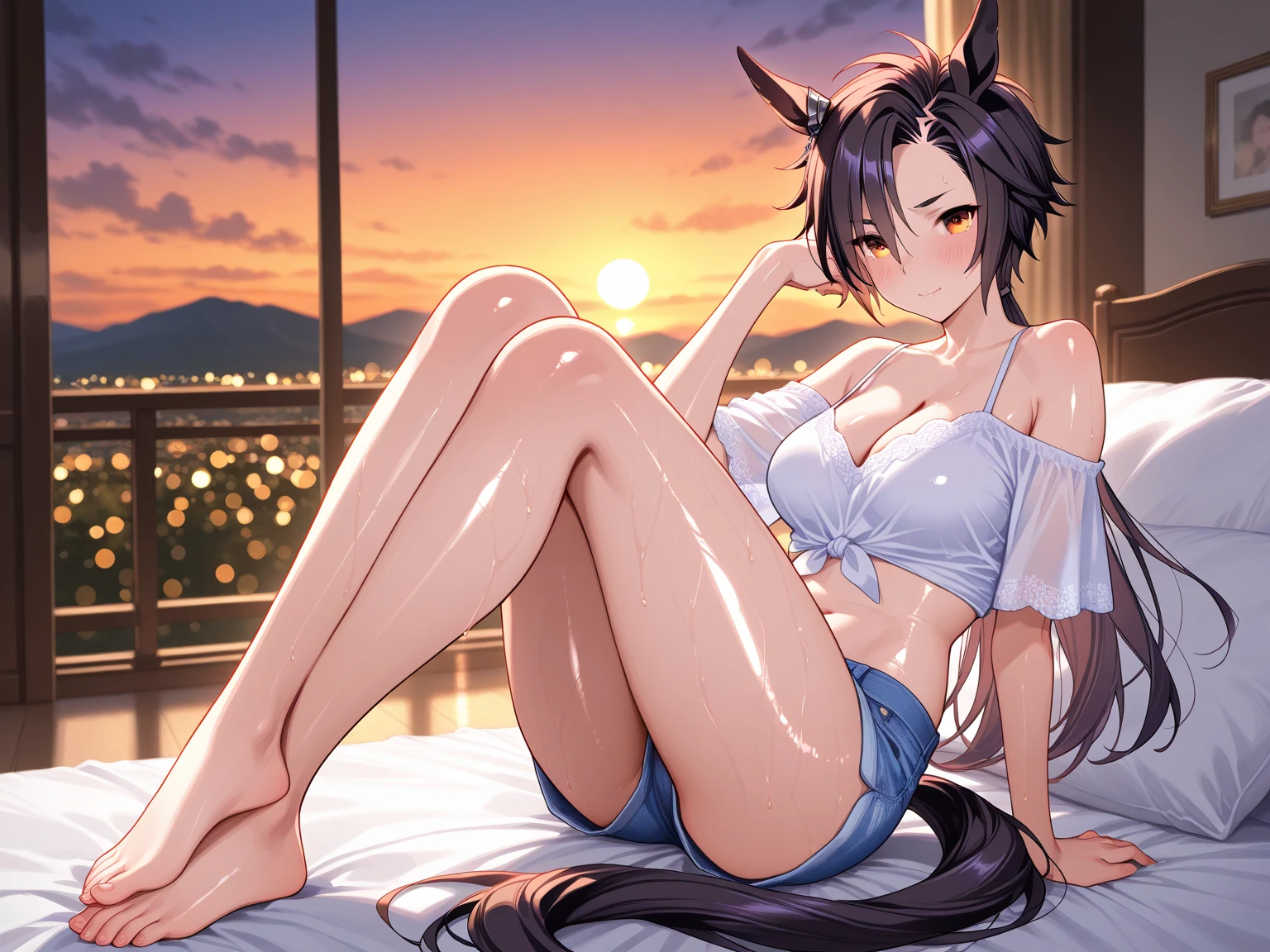Sexy female cow, cute face, cute face, wearing sexy bikini, oiled up and fıt musculated body, big breasts, doggy pose backwards, high detail, backlighting, ray tracing, depth of field, close-up, bokeh, Canon, UHD, high details, anatomically correct, super detail, 8k, best quality, full body should be shown, tail should be shown in background
