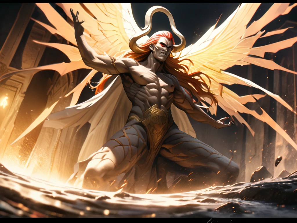 lucifer, angel, 6 wings, nude, orange hair, male, highly detailed, intricate details, dramatic lighting, cinematic atmosphere, vibrant colors, masterpiece, photorealistic, 8k, ultra-detailed, hyperrealistic, dramatic pose, powerful, mystical, ethereal, glowing, divine, celestial, sacred, mythology, fantasy, epic, cinematic, chiaroscuro lighting, dramatic shadows, volumetric lighting, depth of field, bokeh