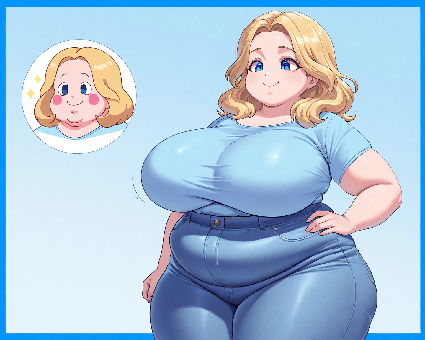 Beautiful cute thicc curvy busty blonde wide hips huge thighs huge belly wearing jeans and shirt and bra under mother and son. Cute couple, the son is hugging her belly