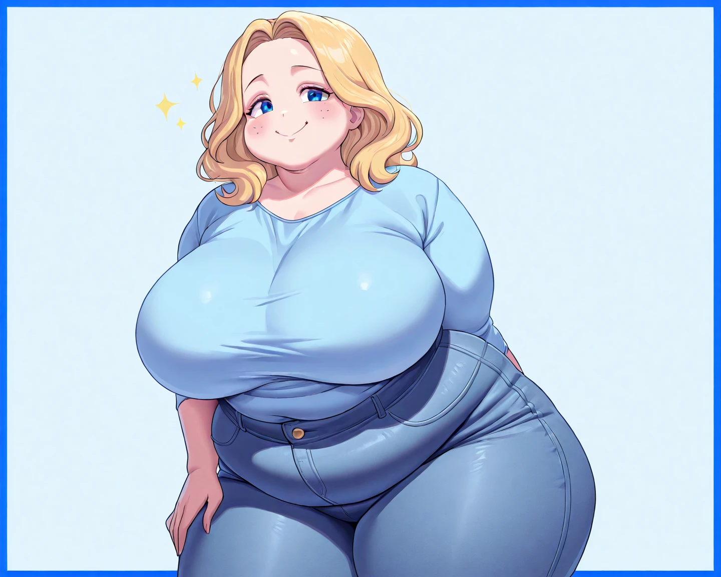 a beautiful, cute, thicc, very curvy, busty, blonde woman with chubby body (wide hips:1.6) , a huge belly, wearing jeans, a shirt, and a bra, standing with her son, who is hugging her huge belly, a cute, photorealistic couple, realistic skin textures, intricate details, high quality, highly detailed, masterpiece