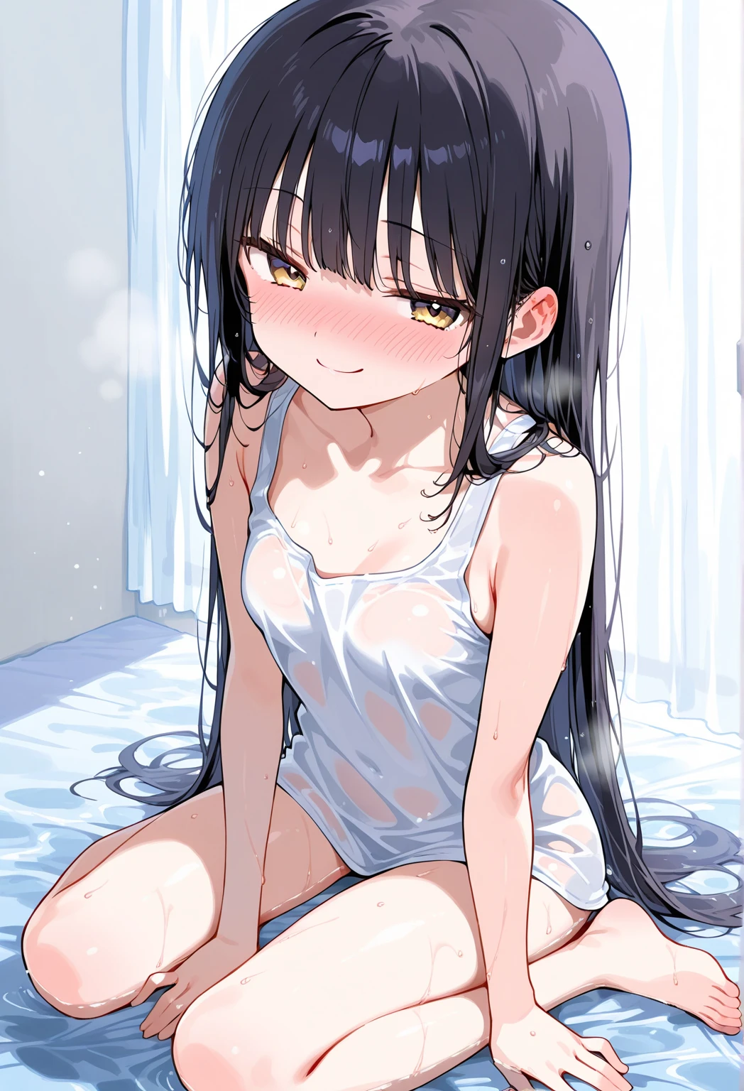 (masterpiece, best quality:1.2),Girls，Black Hair（（（The eyes are delicate）））The whole body is milk，（（Wet clothes）），Pink underwear，Room，The floor is covered with milk，rain（8K）（HD）