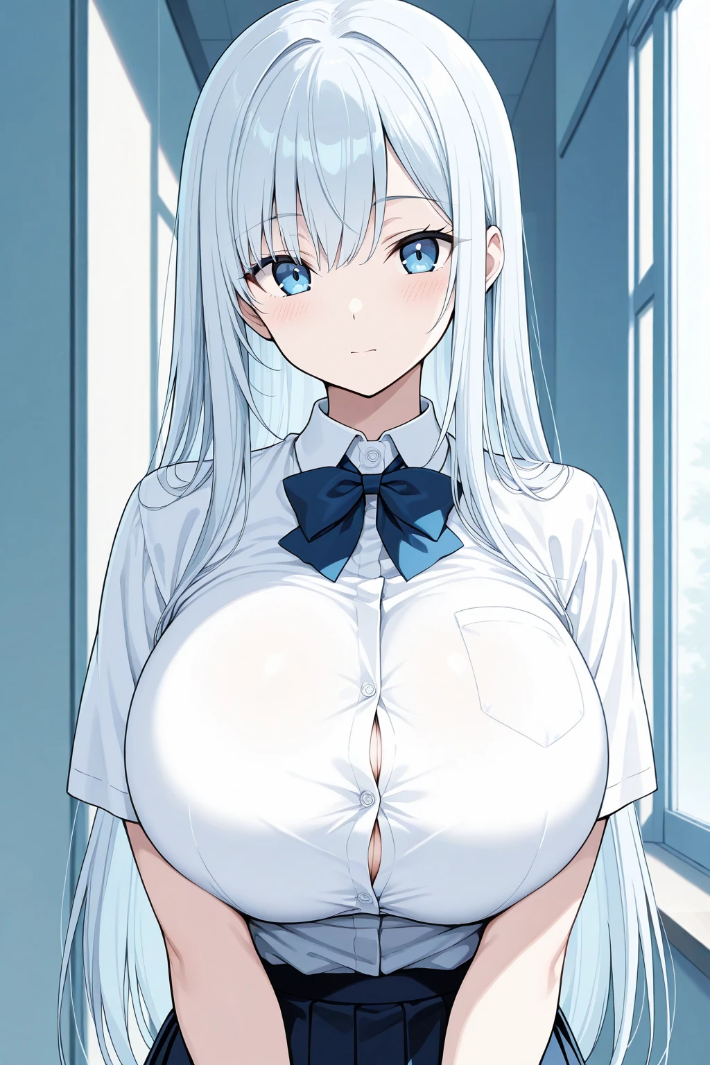 (masterpiece), best quality, expressive eyes, perfect face, 1girl, solo, tawawa, blue theme, monochrome,
long hair, wavy hair, hair over eyes, silver hair, blue eyes, large breasts, white shirt, collared shirt, seductive smile, closed mouth, long sleeves, arms behind back, necktie,
forest,
<lora:tww:0.8>