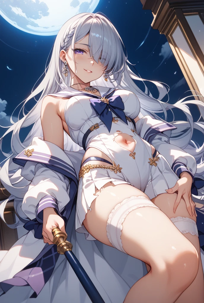((best quality)), ((masterpiece)), (detailed), Mommy, captain hat, White Naval uniform, White jacket in shoulder, White stocking, big breast