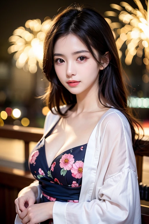 original, (masterpiece), (figure), (Beautiful and vivid background:1.25), (Depth of written boundary:0.7), Highest quality, shape, Very detailed, High resolution, 8k wallpaper, Perfect dynamic composition, Ultra detailed face, Natural Lip , Cleavage, (The eyelashes on both eyes are equal and beautiful.), (looking at the camera), (smile), (night, Fireworks venue), (Cute Yukata, yukata), Japanese style, whole body