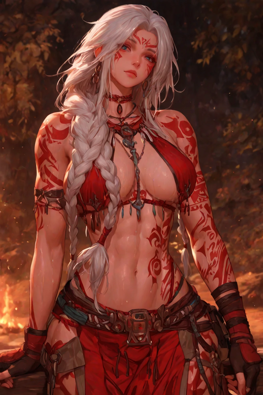 Male, long white hair, red eyes, muscular, tattoo's, wearing female undewear