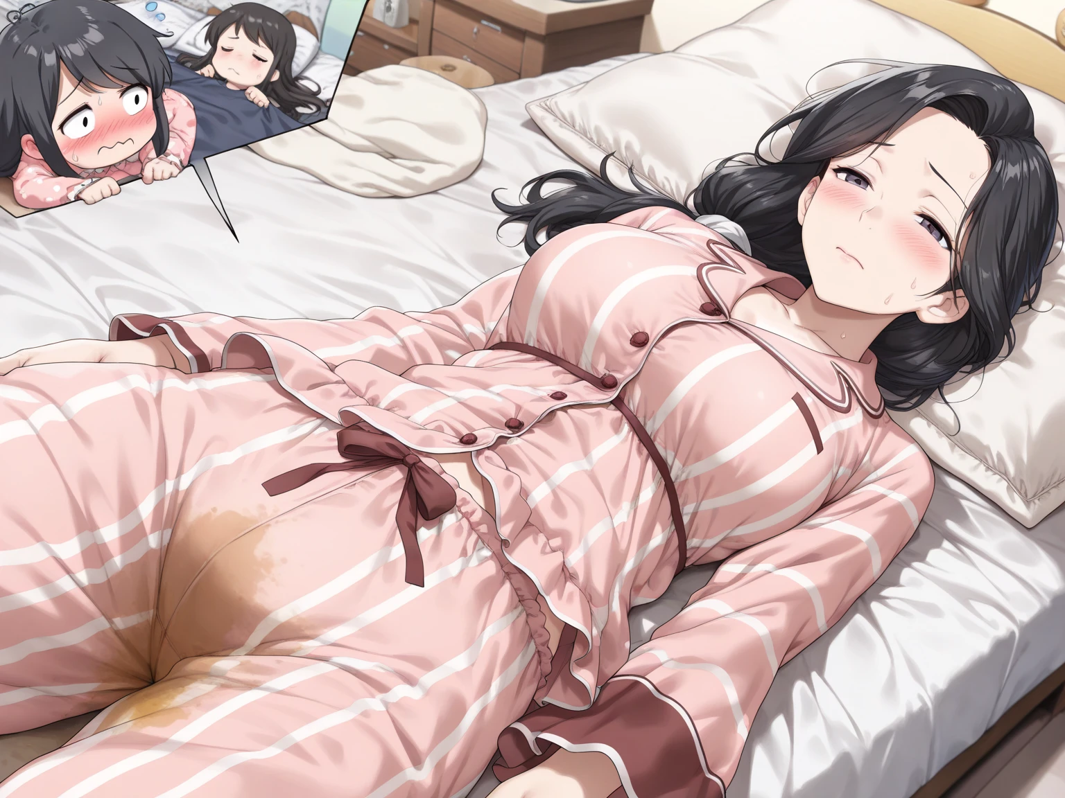 Sakura Jinguji, a beautiful girl with long black hair, wearing a long-sleeved, luxuriously embroidered, super shiny satin pink Chinese dress, is laid on the bed and has her hairy pussy spread open.　The pregnant woman is in the middle of giving birth to her baby, with her legs spread wide, sweating and crying profusely.　A lot of shit coming out of her crotch　She defecates violently