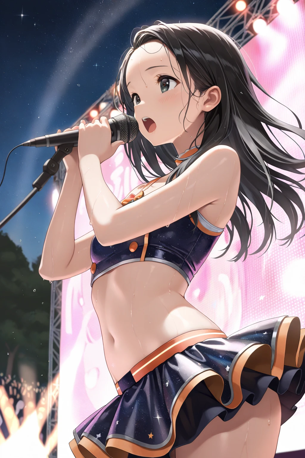 ((masterpiece、Highest quality、Official Art、Unity 8kwallpaper))、snap shot、Idol Concert、Concert Stage、(3 to 5 cute naked girls、12 years old、smile、Sing with a microphone、dance、Ribbon headband、Ultra mini skirt:1.2、Idol Costumes:1.2 )、Exposing the breasts、Hair of different colorr.々Hair style、(((Full nudity、Pussy、cute)))、(Sweat a lot、Glowing Skin)、Anime key visual, ((The characters are unique))