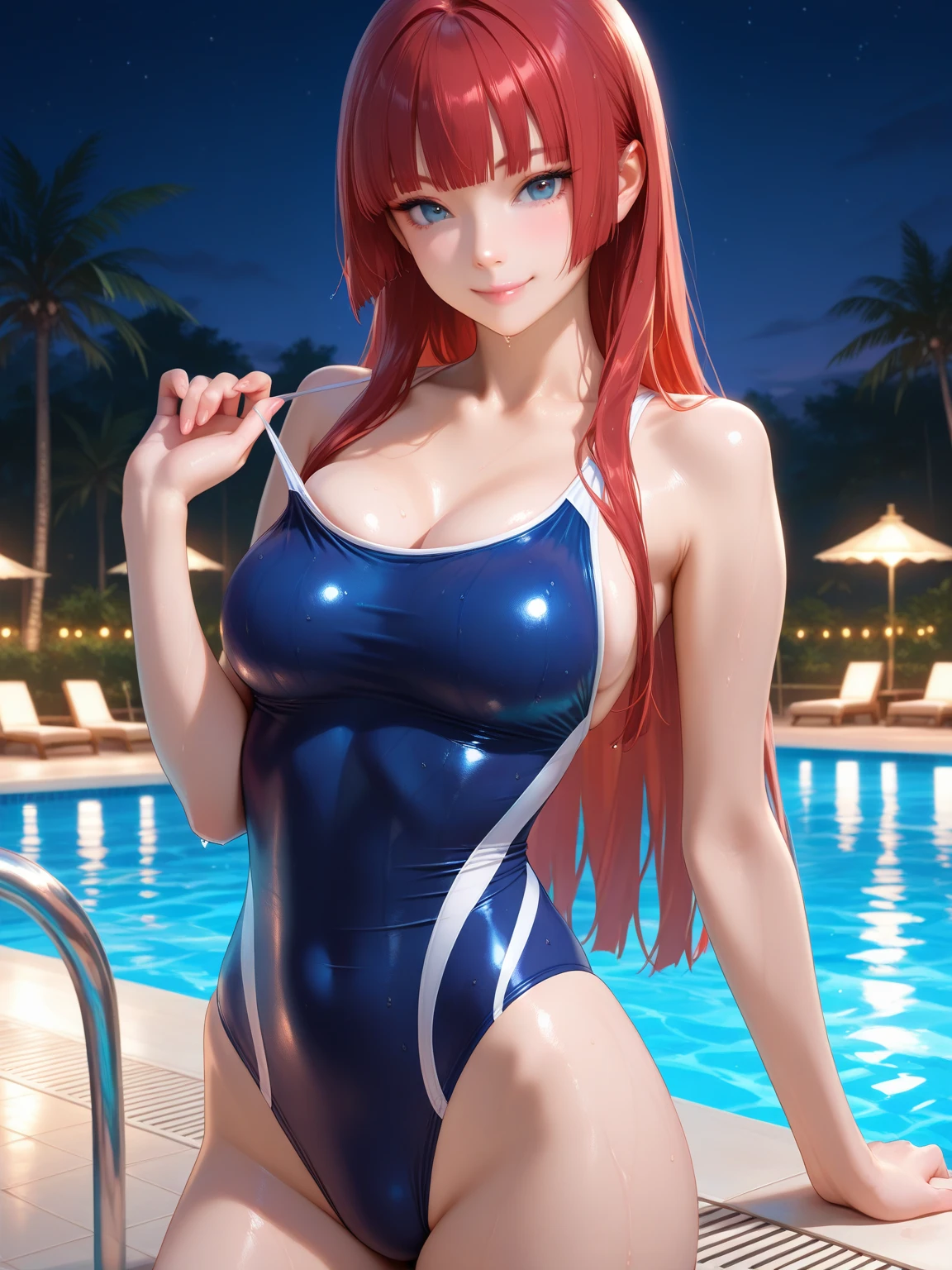 Top image quality、top-quality、8K picture quality、1girll、full body Esbian、honoka、A smile、embarrassed from、red blush、Beautiful pale pink hair、Colossal tits、(Gold Metallic:1.4)、(Sleeveless)、(High neck competitive swimsuit)、(highleg)、(Crotch penetration)、(pin heels)、Squatting on the ground、(Open your crotch wide from side to side)、Arms behind your head、(Show off your armpits)、gazing at viewer、((Face the viewer))、((Show viewers your crotch)) 、((Frontal shot))、in poolside、profetional lighting、professional photograpy