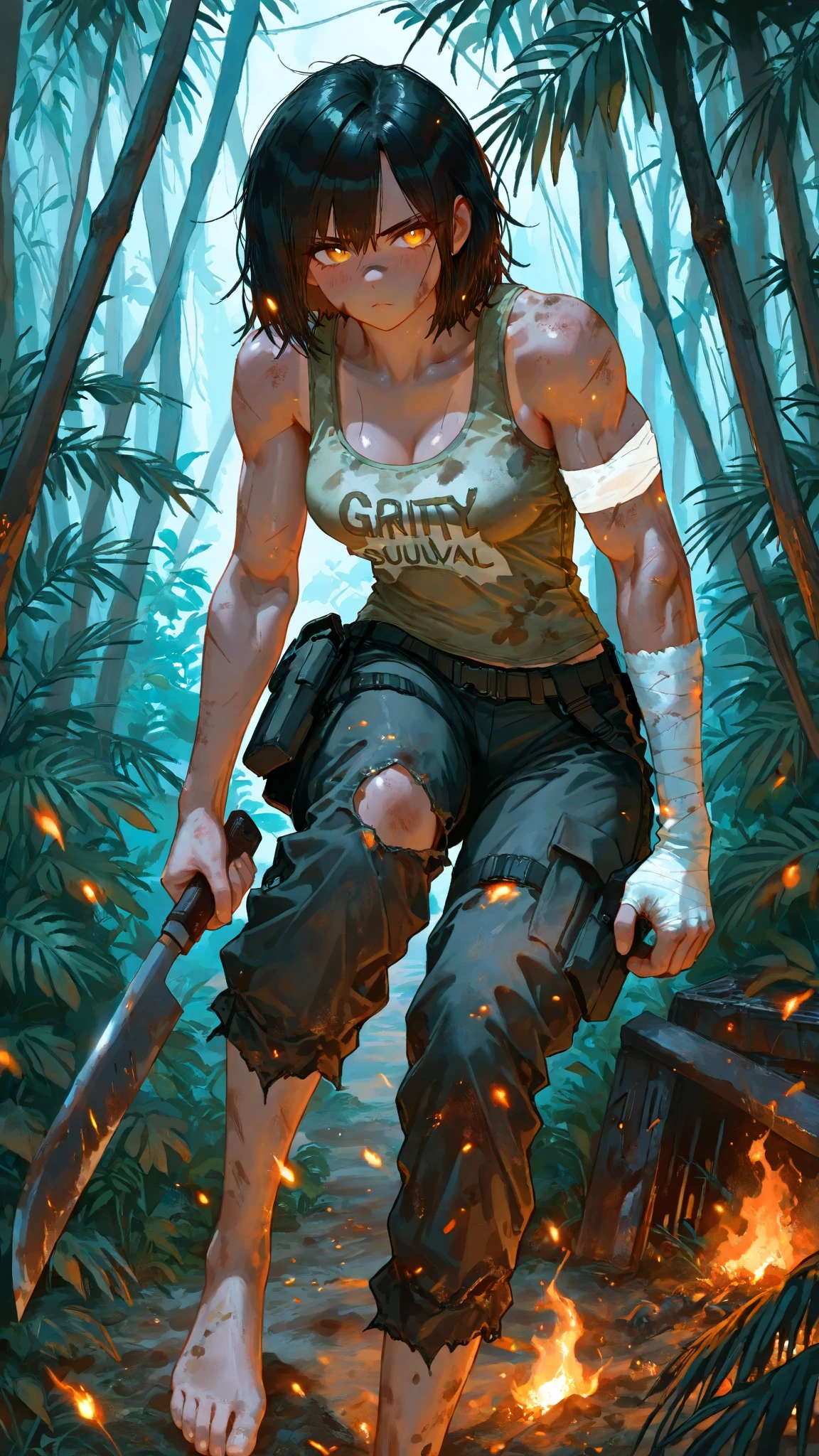 solo, (beautiful female:1.4), (nice shark girl),  ( fit, abs), busty, big erect breasts, erect nippleslips,  slim waist,  (black hair),  ( female shark | Lara Croft ), (((female))),  orange body scales, white belly,  (kemono:1.5), 
( khaki shorts ), lightblue crop top, ( two pistols-gans on hips ), wide belt, long braid, ( (red) round glasses :1.2), (red glasses), ( small backpack on her back:1.2), army boots, leather straps on hips and biceps,   e621, (female body),  slim sports body, 
 shark tail, cameltoe,  (body portrait), [slim swimsuit], sharp fangs, 
(detailed eyes, detailed pupils, yellow eyes, glowing eyes),
(outdoors),  tropical ocean beach , jungle,  sun day,  (particles ,firefly, blue glowing), seeker of adventures,       (sitting on knees), 
detailed background, photorealistic, realistic hands, 8k HD,
(dark shadows, wide dynamic range, hdr, low light:1.2),
by (by Pino Daeni, (by ruaidri), (by virtyalfobo), (by Kenket). by iskra, by darkgem