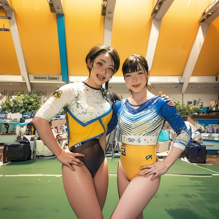 Indoor swimming pool on the 180th floor of the gate of Shanghai Tower,Sports Center,There were five little girls wearing openwork translucent stockings,Pouting and smiling,is shy,Pout,Pink, gold, White, Blue, Five colors, Two-tailed hair and cyan eyes,Anime little girl in servant costume