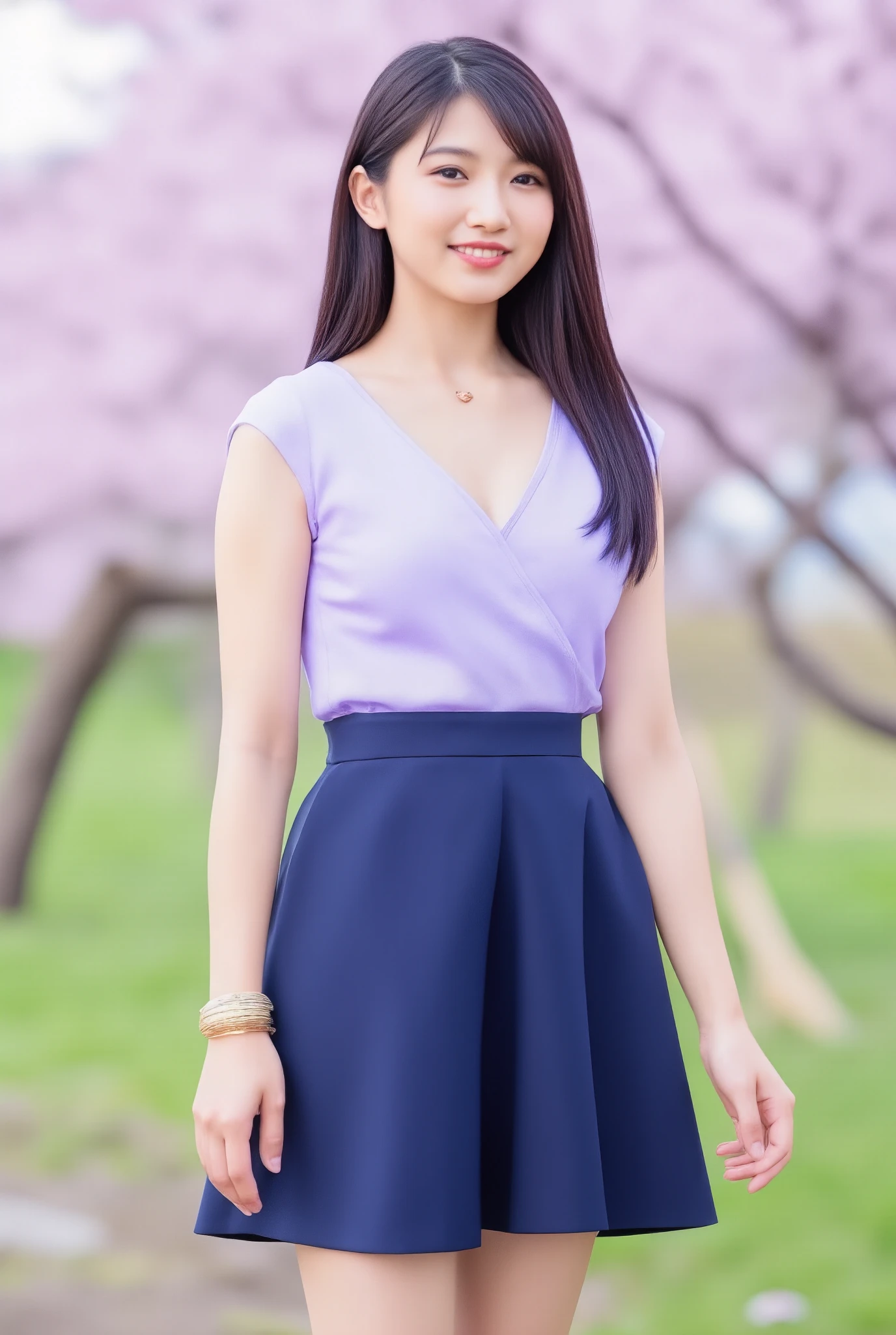 japanese women in their 20s,Beautiful woman with good style, bust 90 cm,Firmly emphasizes large chest,light purple glamorous sleeveless top with a V-neck,Navy blue A-line mini skirt 25 cm above the knee,Beige high heels,long hair,Ear piercings,Gold bracelet on left wrist,gold necklace,Smile Yan,I'm walking looking at the camera,Full Body,Figure showing up to the feet,The background is a row of cherry blossom trees,Ultra High Definition