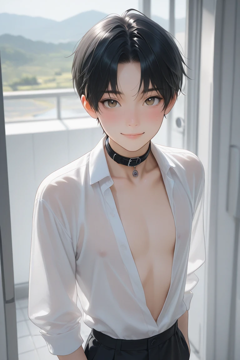 (Best Quality,4k,8k,highres,巨作:1.2),A highly detailed,(Realistic,Realistic Photos,Realistic Photos:1.37),portrait,anime,Phantomhive Sky,boy,10 years old,,dark hair,Intense look,pale skin,Royal Uniform,Classic Victorian style,Stylish clothes,Precision stitching,Feather has,Golden accents,deep blue eyes,Purple eye patch,Detailed lashes,exquisite facial features,serious expression,Confident position,Stand in majestic, Sit in a beautiful office with a window behind it overlooking the garden,Dramatic shades,Invisible lens glow,vibrant colours,Rich color scheme,Royal Purple,Royal Blue,Delicate pastel tones,Gentle sunlight flows through the leaves. Ten year old boy wearing boyish clothes without a shirt Short hair Shirtless and short clothes Topless Nude Nude