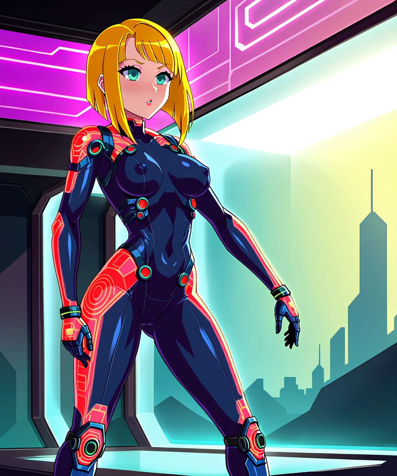 you can make a futuristic samurai with the katana drawn, with a semi-spherical serrated hull, a layer of torn cloth, a red and yellow bionic suit in the middle of the street of a cyberpunk style city