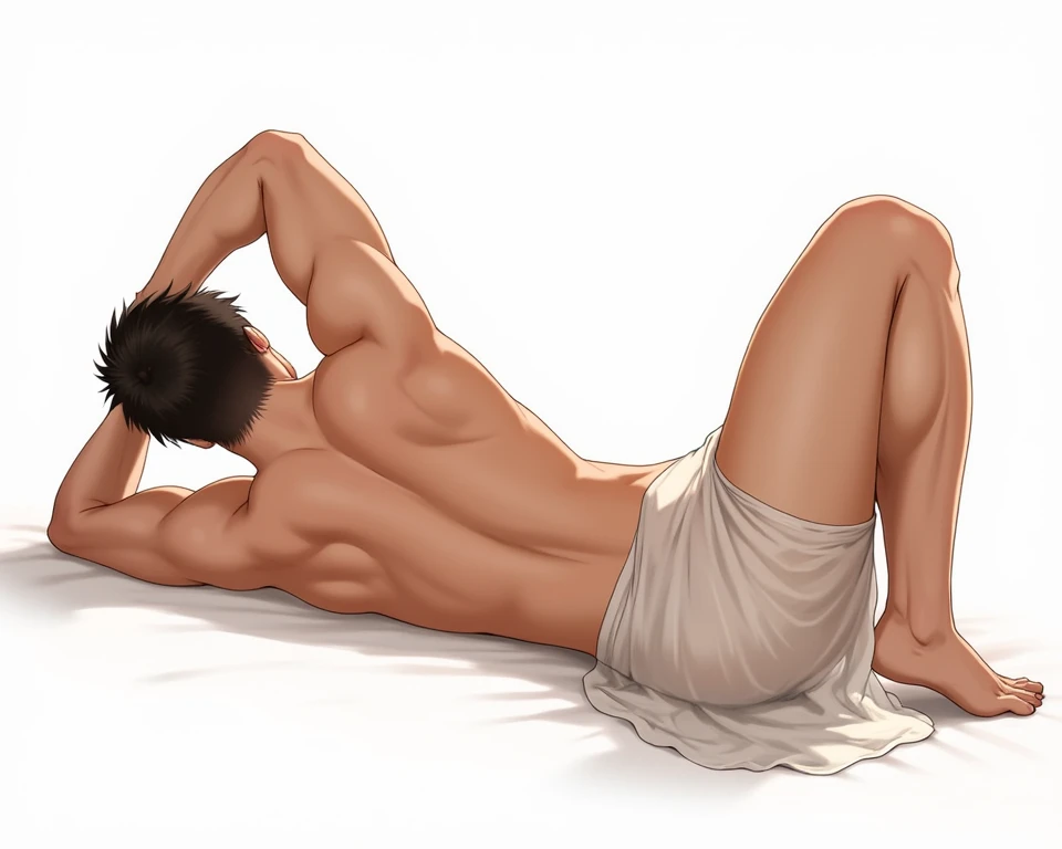 ((((By masamune shirow)))), ((ghost in the shell:0.9)), ((motoko Kusanagi)), solo, 1boy, shota, laying down, curled up, sleeping on pure white sheets, warm blanket covering part of his body, young boy, digitally drawn art, boy, (((shiny naked body))), cyborg seams, anime styled, male anime character, character art, full body single character, looking at viewer