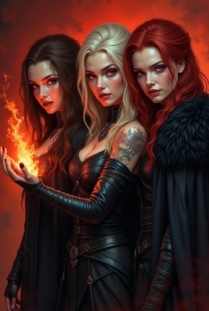 (((Masterpiece))), Best Quality, Hyper Detailed Gouache Style Painting Portrait of a Group of Enchanting Female Demons, Glowing Red/Yellow Eyes, Smooth Shadows, Hyper Realistic Textures, 8K, Best Quality, Realistic Cartoony Features, Stylized Illustration, Smooth Shadows, Correct Anatomy, Chromatic Aberration, Neon Highlights, Global Warm Lights, Dynamic Poses, Expressive Facial Expressions. This artwork, a testament to the artist's mastery, showcases a captivating ensemble of female demons. Their eyes glow with an otherworldly rad