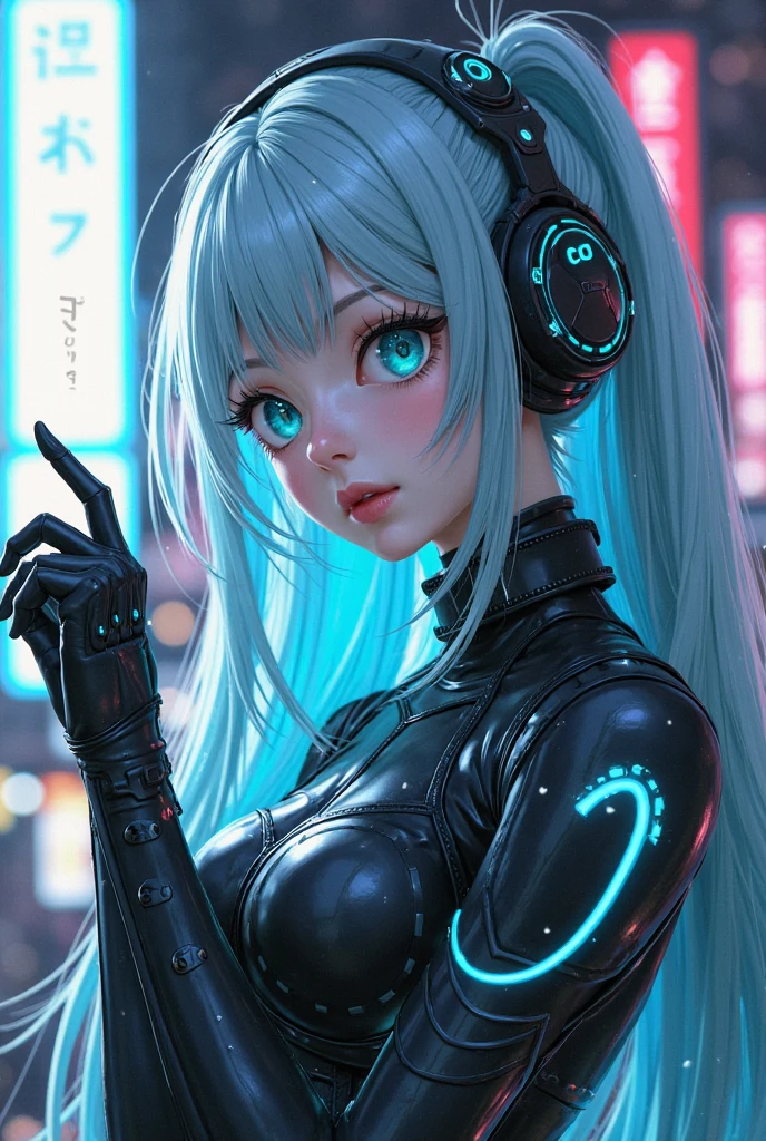 Anime girl with headphones and blue eyes in dark room, perfect anime cyborg woman, 3 d anime realistic, hyper realistic anime, perfect android girl, anime cgi, photorealistic anime girl rendering, anime cgi style, cyborg - girl, perfect cyborg female, beautiful girl cyborg, anime robots, cyberpunk anime girl, beautiful cyberpunk girl face, illusory engine : : rave makeup