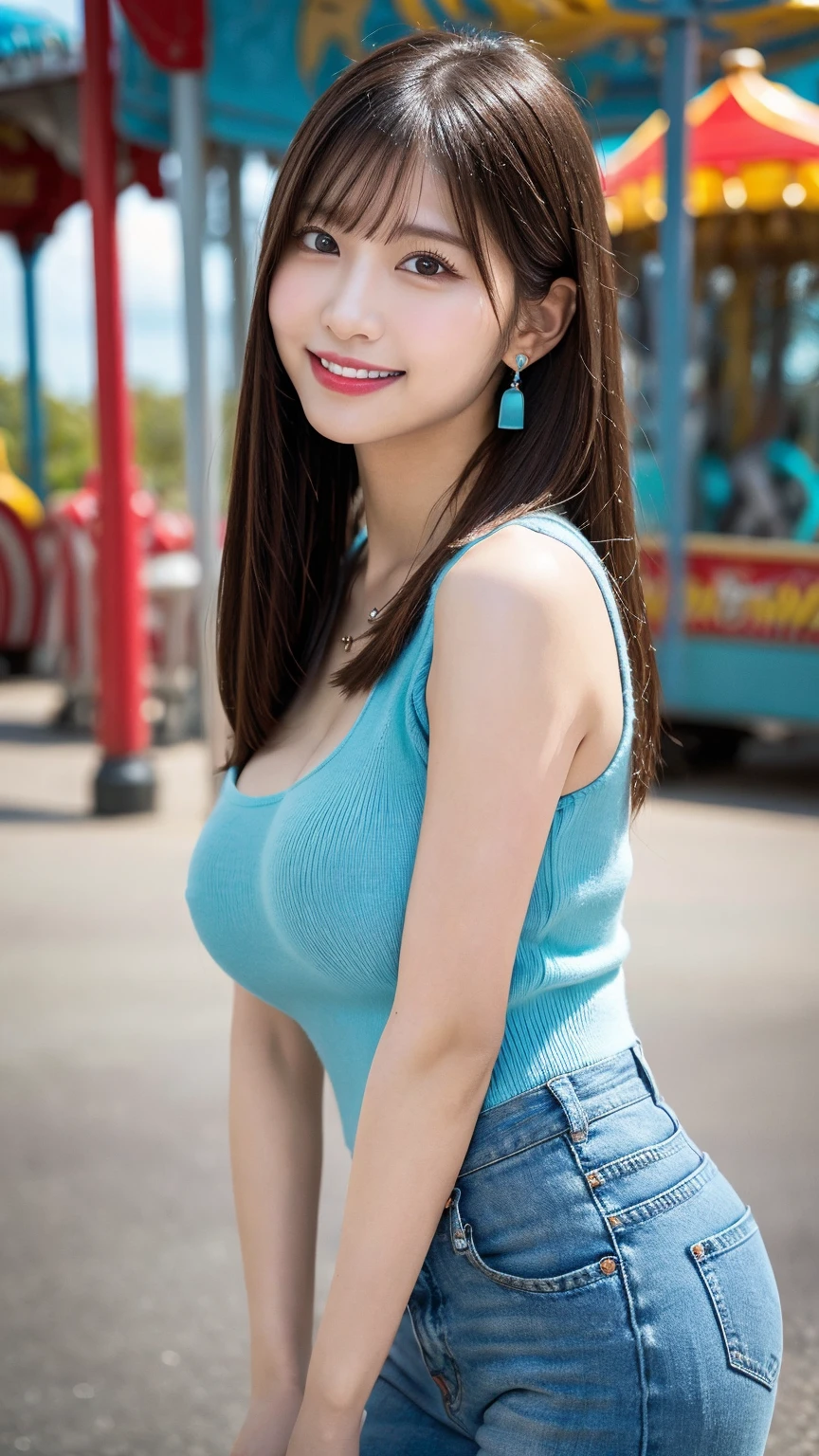 highest quality, masterpiece, Ultra-high resolution, realistic:1.3, solo:1.3, ((Clear Face)), cowboy shot, from above, leaning forward, (glowing skin), (looking at camera:1.3), (grey tank top, denim short pants), standing at street, (medium chest:1.3), long hair, smile, soft brightness