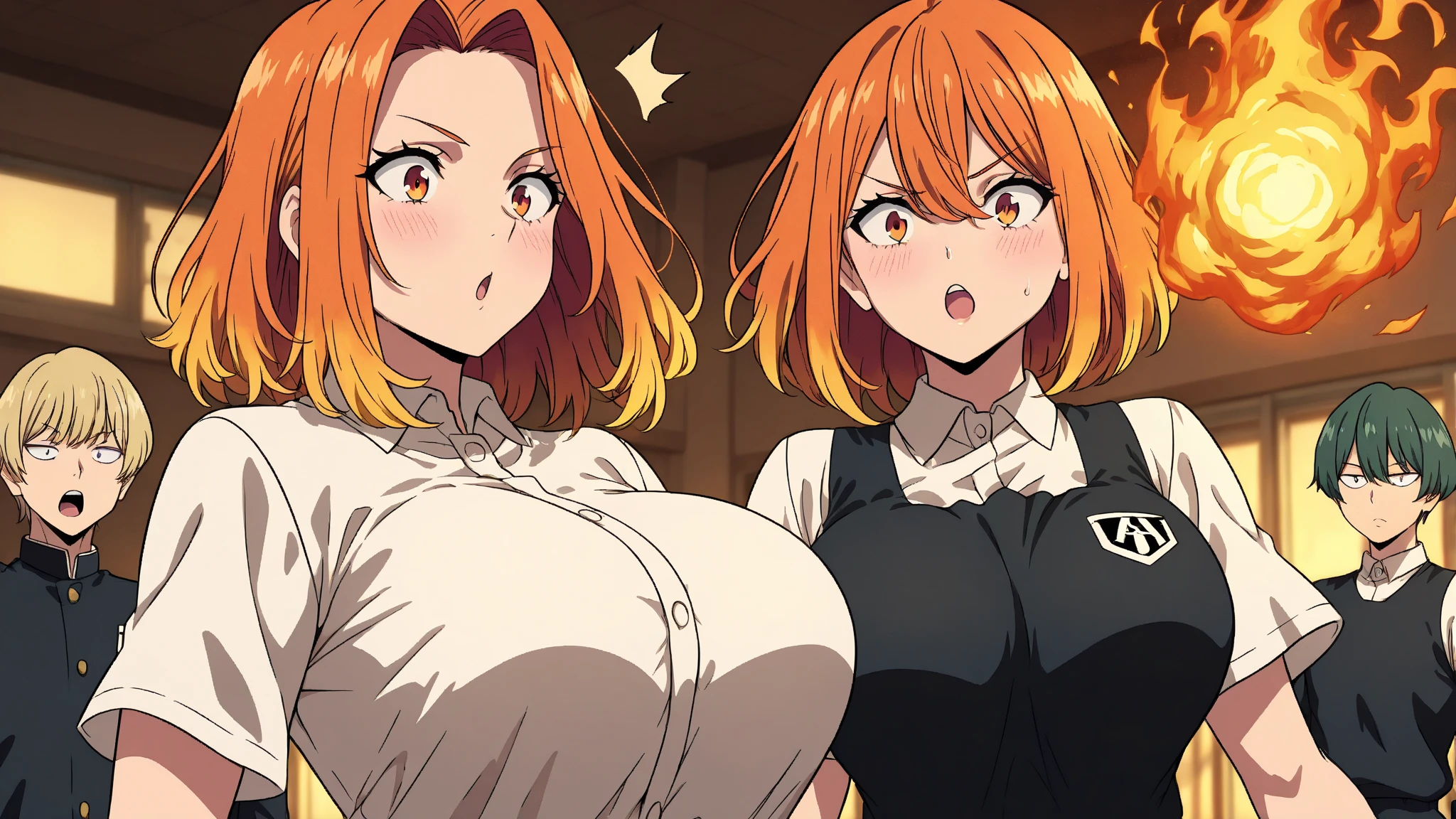2heads, a chubby mature woman with 2 heads. She has gigantic breasts. She has a motherly appearance. She has orange hair. She has massive breasts. She is smiling. She looks welcoming. She is wearing a turtleneck sweater and jeans. She has wide hips. She has gigantic breasts.