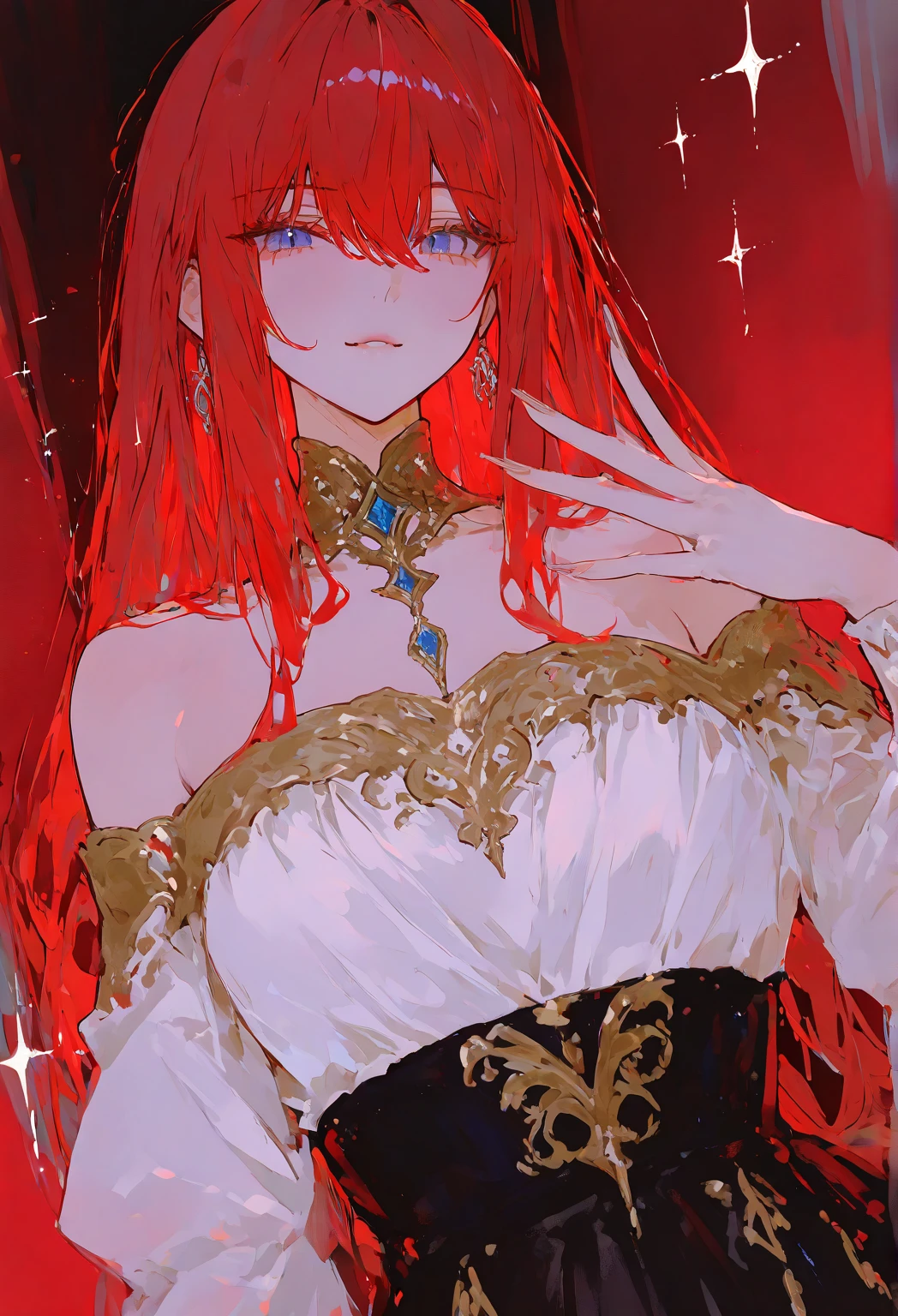 This character is a woman with an imposing and captivating appearance. She has long, flamboyant red hair that falls elegantly over her shoulders and down her back. His eyes are an intense red, adding an aura of mystery and danger. She has a pale complexion and fine facial features, with lips often drawn into a slight, enigmatic smile. She wears a sophisticated outfit, probably a dark uniform or suit, which reinforces her professional and serious appearance. His posture is straight and confident, exuding unwavering confidence.