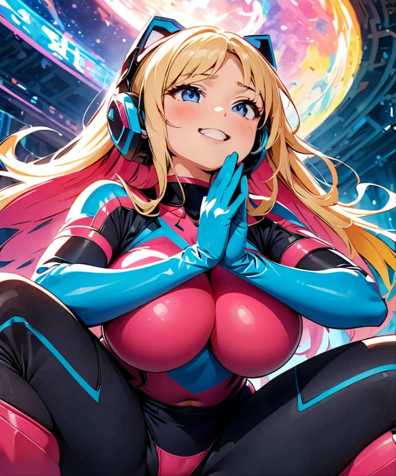 future, neon, tech Valkyrie, technology bodysuit,tech boots, tech gloves, tech headphones, cleavage, dynamic sexy pose.
