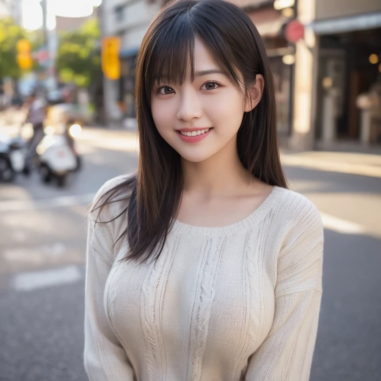 (masterpiece, highest quality: 1.2)、(White skin: 1.3)、(Beautiful Face: 1.3), (超Detailed Background, Detailed Background: 1.3)、Photos of very cute and beautiful Japanese women、(Movie Light: 1.3)、Dark brown eyes、Blunt bangs、Long Hair、((Big Breasts:1.2))、(Branded Coats)、(T-Shirts)、(detailed city background:1.2), (Captivating smile:1.15), Perfect female body