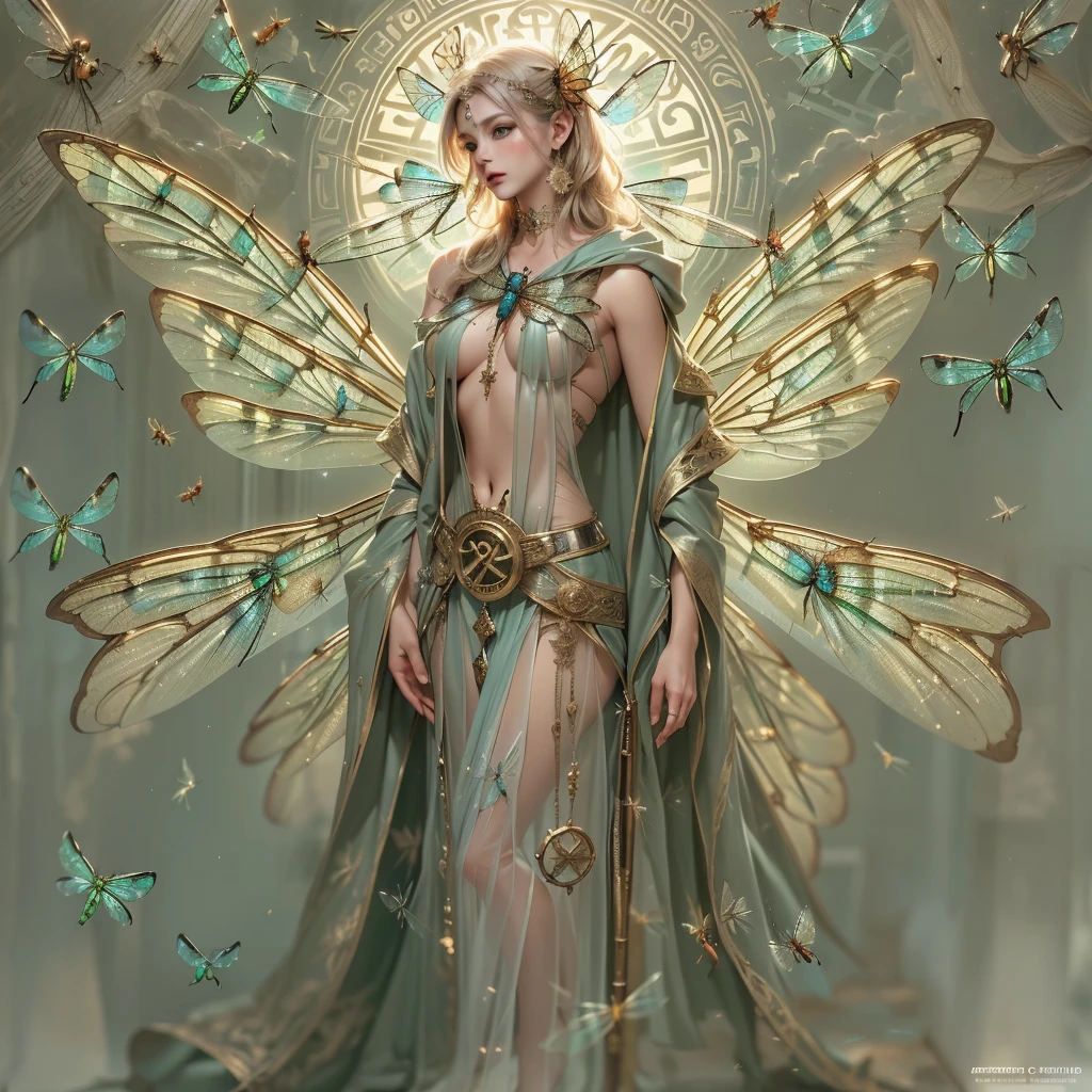 8k, detailed photo, (detailed symmetrical facial features, detailed beautiful facial features, detailed eyes, Glowing blue eyes, seductive expression, blonde hair, detailed elf ear), (four proportionate fingers on each hand, detailed thumbs, holographic finger nails, detailed fingers, detailed symmetrical hands), (detailed symmetrically proportionate body, thin body, toned muscles), (sitting, detailed symmetrically proportionate leg, Spread legs, shaved legs), (large breasts:1.3), (massive symmetrical butterfly wings attached to the center of her back between her shoulder blades), (gold, holographic, silk bustier, scrunch thong, see through lace:1.3), (oak forest, calm lake, stary sky, moon light, fantasy setting, orbs),