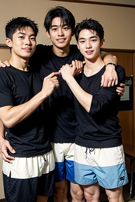 Best Quality, Ultra High Definition, (Photorealistic: 1.4), Two Naughty 25-year-old Men Showing Their Sides in School Shower, Wearing Soccer Socks, Shirtless, Japan College Student, Beautiful Boy, (aegyo Sal:1), Perfect Body, (Black Hair: 1), (Puffy Eyes)), Smile, Happiness