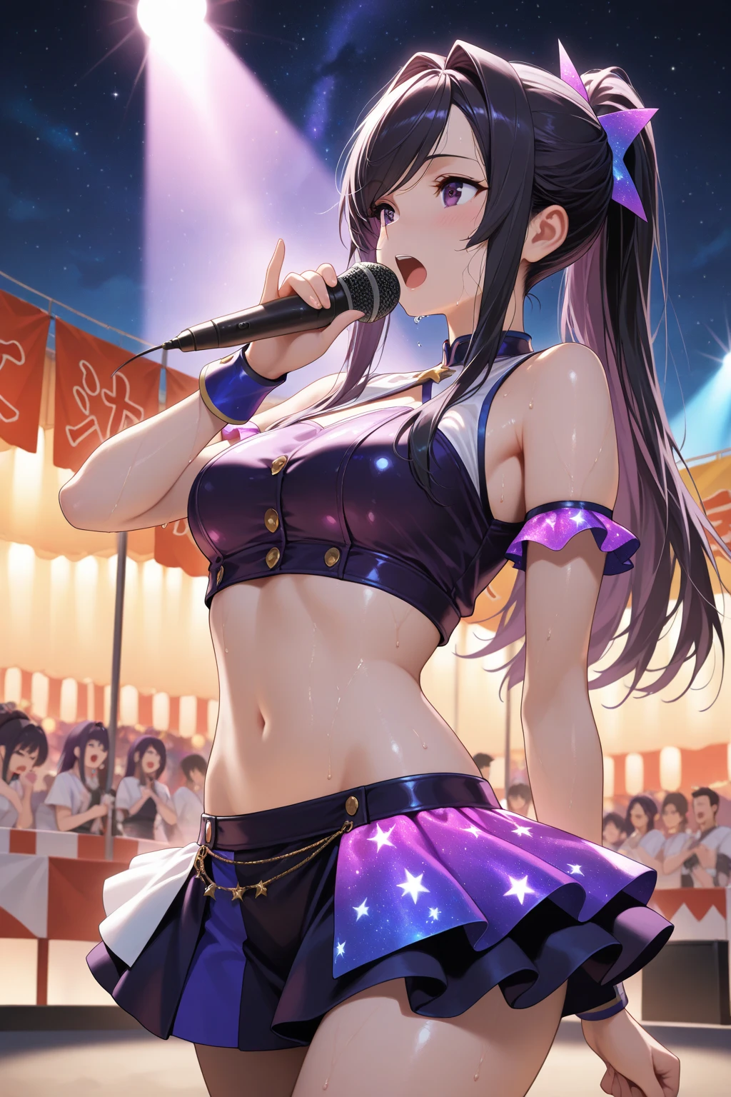 absurderes, A high resolution,
BREAK
looking at viewer, Cowboy shot, (From the front side:1.5)
Break
(vibrant with colors:1.3)
Break
(One girl:1.3), (Loli:1.2), (Ai Hoshino:1.4), (Purple hair, Striped hair:1.5), (Purple eyes:1.5), (Happy smile:1.7), holding a mic, (Singing, One arm up, One eye closed, lifting her feet:1.3), Twisting waist, (Shiny eyes:1.3), (Upturned eyes, Happy smile:1.2), Star-shaped pupils, hair pin, Earrings, jewelry, nm1, Short hair, (mitts:1.2), (frilld, Pink shirt:1.2), Arms up, dress pull, roaring twenties, Sleeveless, shirt, heartthrob, pupils in symbol shapes, Hands up, (White fluid on the body:1.4), (Thighs:1.3), (Huge breasts, cleavage:1.3), (Face focus:1.2), Open mouth, (breast enhancement:1.3), Round eyes, (Blowing in the wind:0.5), (Sweating around girls, Dripping sweat:1.3), squall (Wind:1.2), Sense of speed, refreshingbreeze, motion blur effect, wind
BREAK
background is (on the Idol stage:1.3), (Stand in the center of the screen:1.3), Indoors, idol live, wind
BREAK
magnificent view, (10,000 people spectators:1.3), Light particles, (Confetti:1.4), Dynamic Angle, Dutch angle, perspective
BREAK
(Night, spotlight lights:1.5), Depth of field, Bokeh, light leaks, (color difference:1.2)
Break