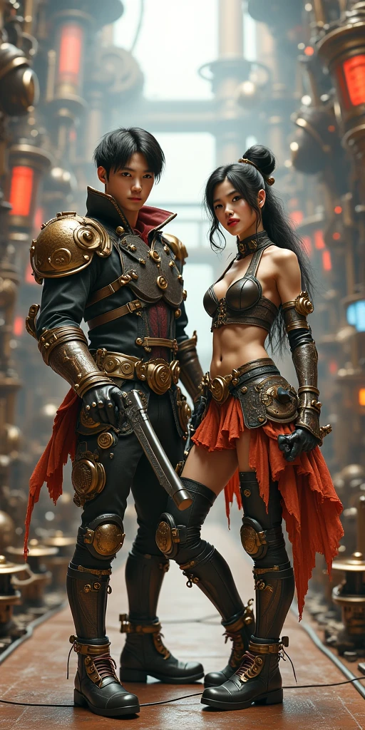 a highly detailed and dynamic character portrait of a female warrior, standing tall and proud, her fighter companion by her side, reminiscent of Leon Kennedy from the video game series, vibrant colors, masterful lighting, intricate details, photorealistic