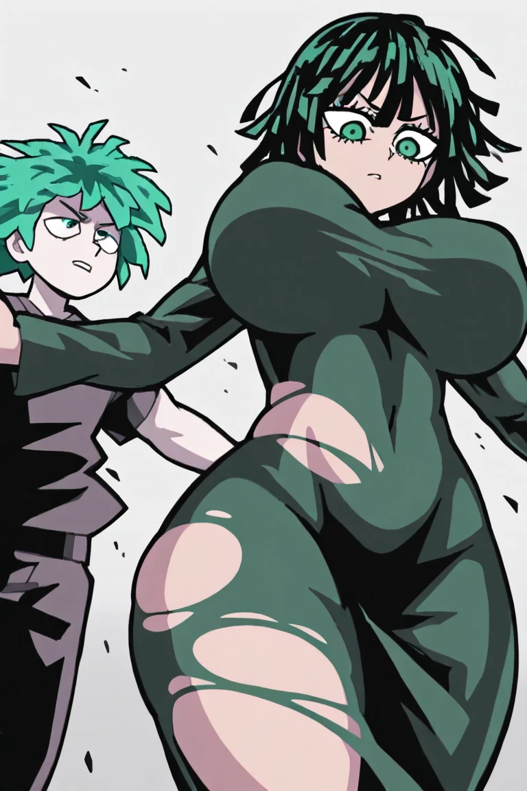 (Mad Magazine cover) Alfred E Neuman as One Punch man Saitama in a heroic pose with classic Newman smile, Tatsumaki (extremely sexualized, big butt, big boobs, classic dress) very mad jumping up and down yelling at Saitama, bloody remains of a beast all over the crowd and downtown Tokyo
