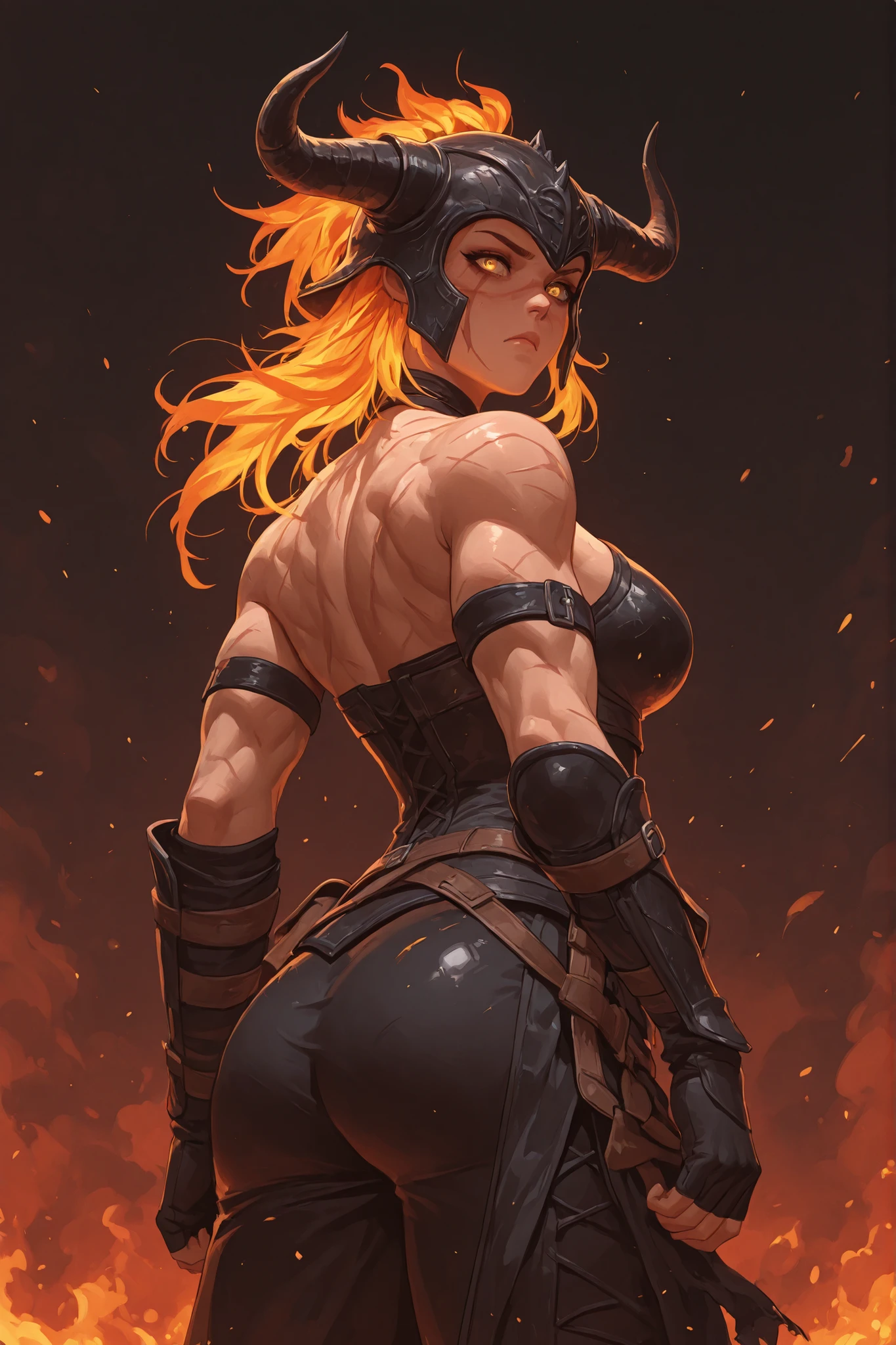 a barbarian warrior, with a beautiful face marked with scars, in a back pose where you can see the muscles of her back without losing her sexy appearance, with scars, wearing detailed and tight leather armor, and a horned helmet, her facial expression is a frown and her bright yellow eyes, as if fury were taking over her, the lighting is divided giving very marked shadows and the background is darkness with flames and ashes, in a dark fantasy and Skyrim artistic style
