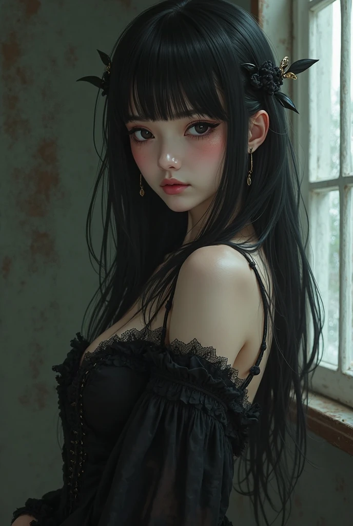 a woman with long black hair and a choke is posing for a picture, with long hair and piercing eyes, cruel korean goth girl, artwork in the style of guweiz, long black hair with bangs, 1 7 - year - old anime goth girl, anime girl wearing a black dress, seductive anime girl, anime girl with long hair