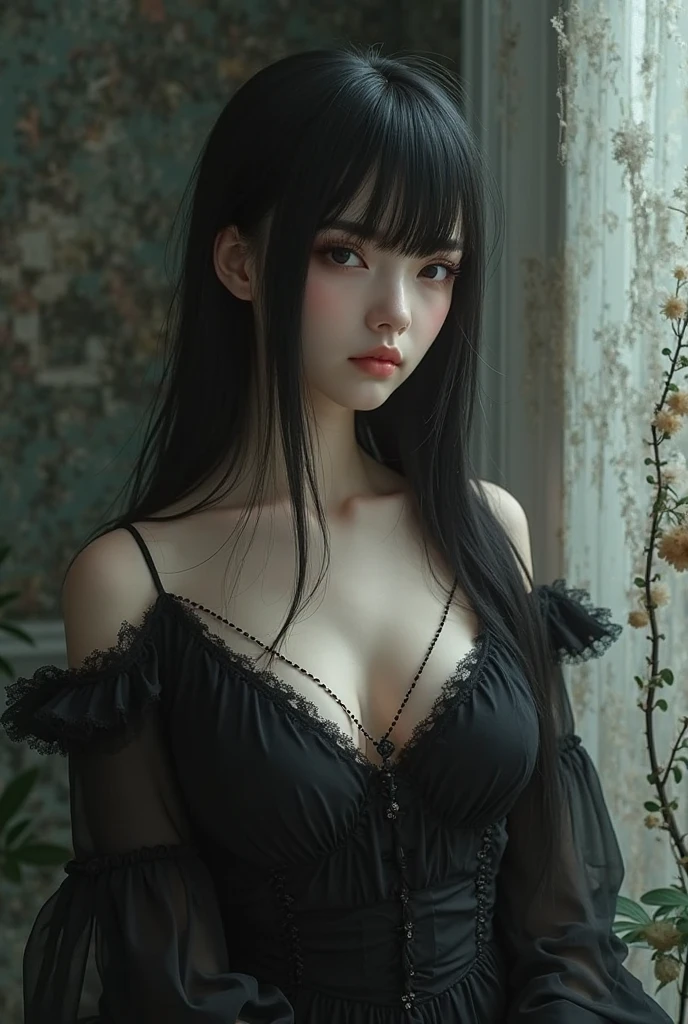 Girl with pale skin and black hair, long and messy, with cute face, soft dress and big breasts, in a dark room at night