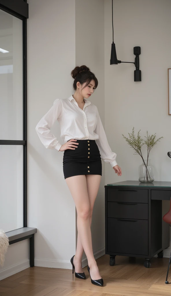 masterpiece, best quality, 8k, full body, pale pink shirt, black pencil-skirt, long-boots, break, 18 years old, anna_girl, looking at viewer, smile, ultra realistic photography, sharp focus, face light, dynamic lighting, break, (simple white background:1.4), break, real skin, symmetric clear eyes, dark brown eyes, sharp pupils, realistic pupils, standing pose, sad
