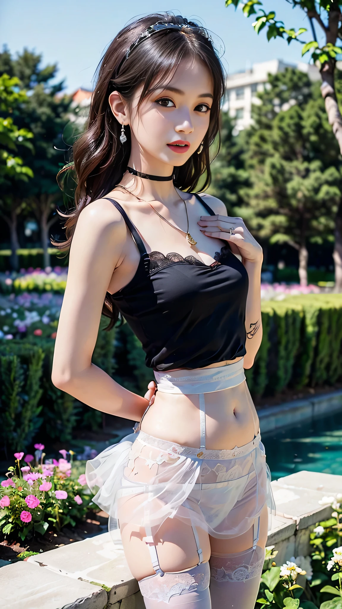 lace stockings, strapless bra, glasses, mini skirt