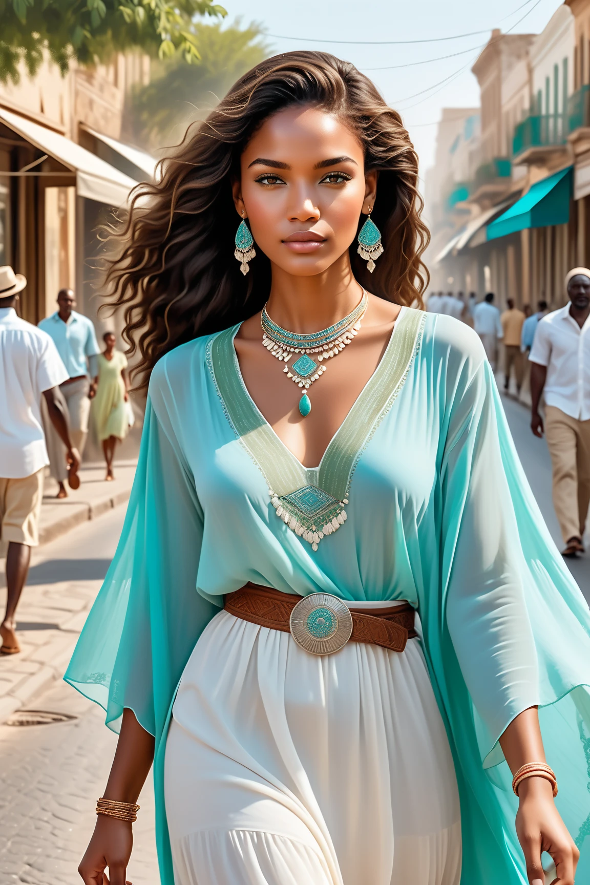 25 year old woman, white top, blue shorts, adorable face, piercing eyes, resting mouth, intricate necklace, short hair, looking away, standing next to beach, sunset, palm tree