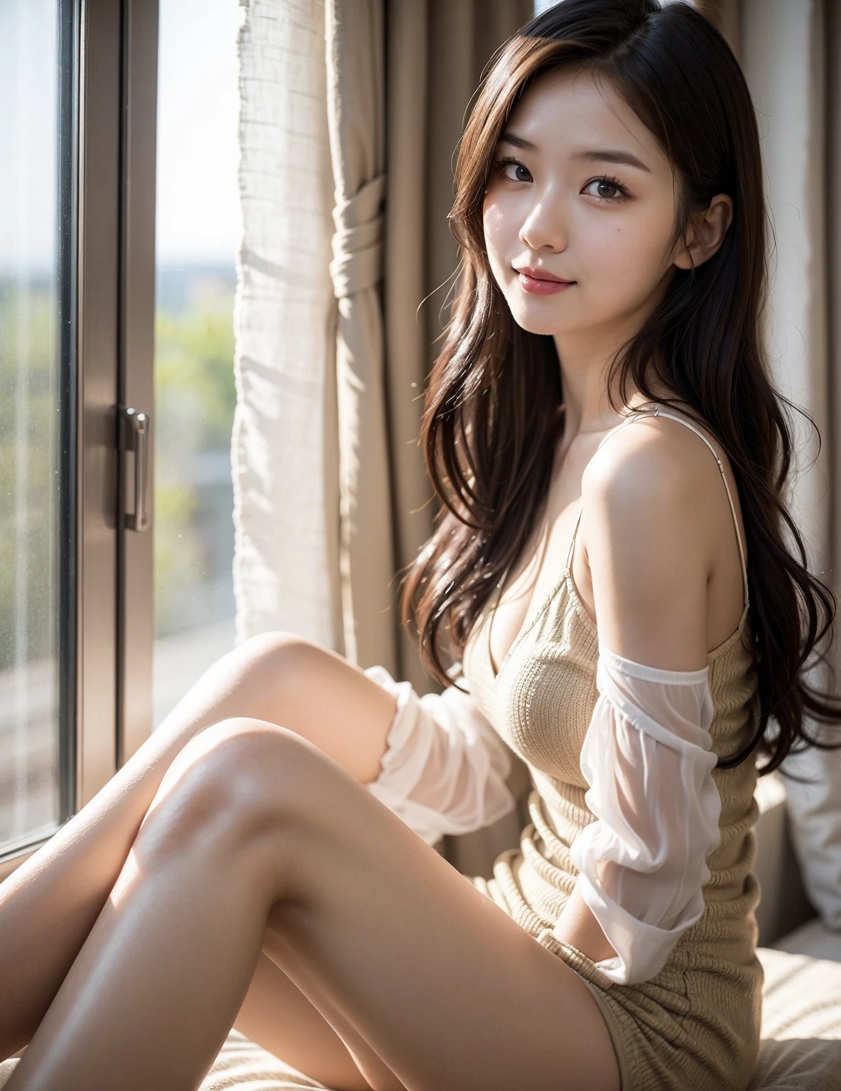 ((top quality、8k、masterpiece:1.3))、Very pretty beautiful girl,full-body shot,,H cup,Pleated Skirt,Short skirt,Sunset,Sunset。Wear big earrings,The skin is very white,Hydrating red lips,Very thin waist,Thighs are very thin,,Smile,fair and smooth skin,Smooth and fair skin,Flawless skin,Fair and shiny skin,Cool white skin,The camera focuses on the chest,Bright light
