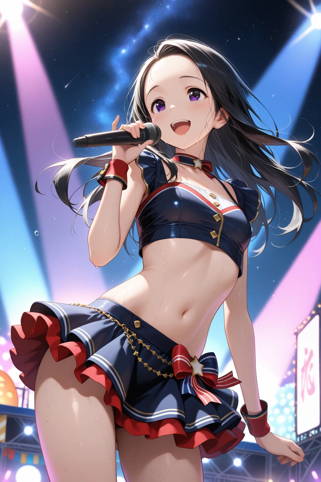 (Highest quality, 4K, High resolution, masterpiece:1.2), Very detailed,splashing semen, nsfw, multiple boys,, hetero, (((he grope girl))), ((grope from behind)), ((cum on body)), medium breasts, ((detail erectile nipples)),  (,High Contrast), Cinematic Light, Bright colorsと魅惑的な効果, Soft and delicate lighting, Lens flare, (1 Girl), Black Hair, Long Hair, Straight hair, Red eyes, jewelry, Earrings,  Style idol costume, Pleated skirt, Gingham Check Skirt, Beautiful thighs, (blue thong), (cameltoe1.2), (anus), smile, Open your mouth, ((cum on face)), ((Random Action Pose:1.2)), ((With microphone, sing:1.1)), Beautiful Skin, Shiny skin, Perfect Fingers, Five Fingers, ((Live Stage:1.2)),  Background Blur, Bright colors.