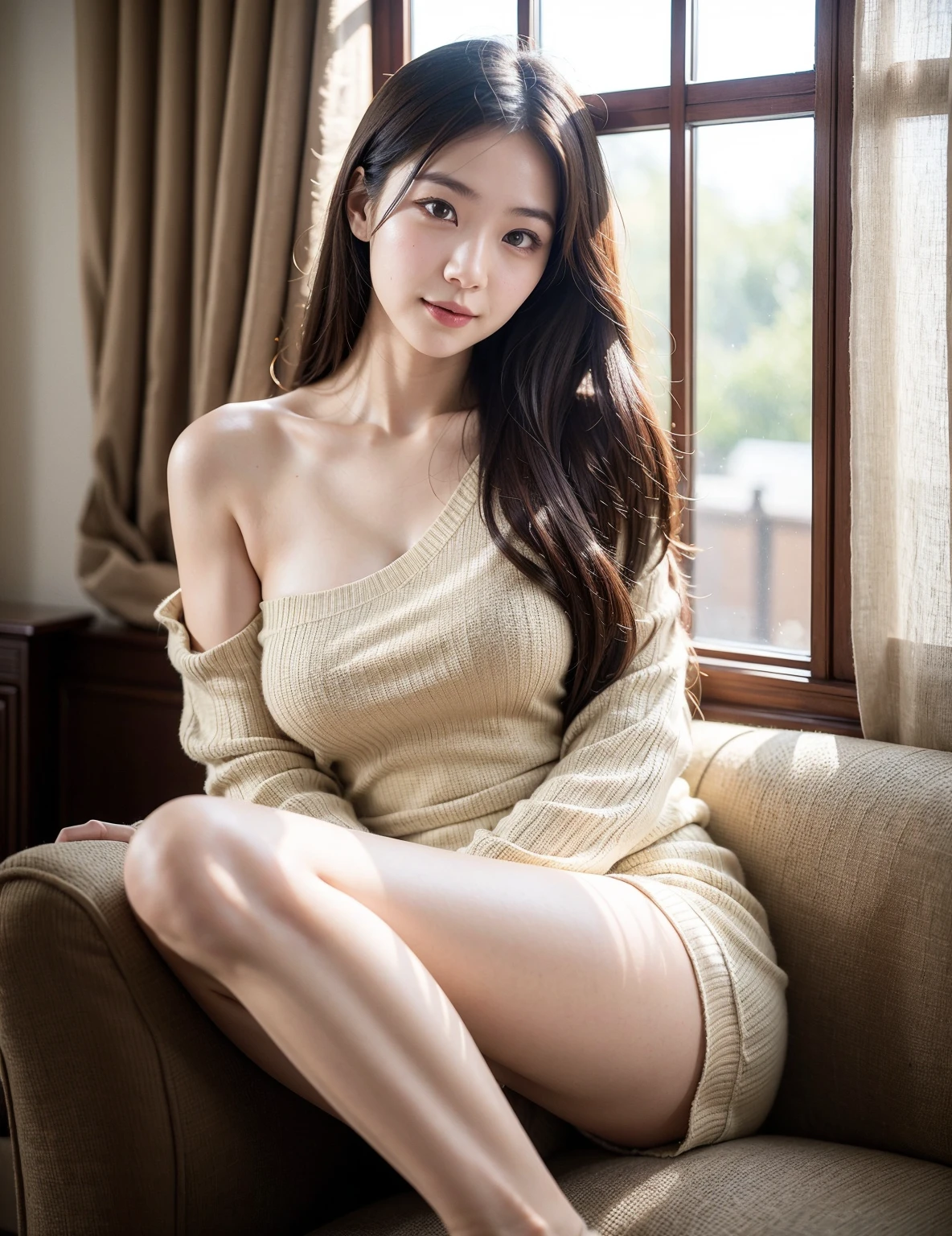 ((Realistic Sunlight, 8k, Top Quality, Masterpiece: 1.3)), Best Quality, Illustration, Ultra-detailed, finely detail, high resolution, 8K Wallpaper, Perfect dynamic composition, ((off-the-shoulder white knitted dress:1.3)),Big breasts:1.5, Natural Color Lip, (In city),24 years girl, sexy, ((Shiny skin:1.3)), (beautiful detailed face and eyes:1.4),(dark brown hair, medium long hair:1.2), Highly detailed face and skin texture, Highly detailed lip texture, Raw Photo, ((Very Delicate and Cute Japanese Girl:1.4)), (1 girl), Perfect Style, earrings, necklace, realistic shadows, nsfw, ((squatting:1.4)),((high heels:1.3)), ((Show off your panties in a sexy pose:1.4)),((Finely designed, luxurious adult small thong:1.2))
