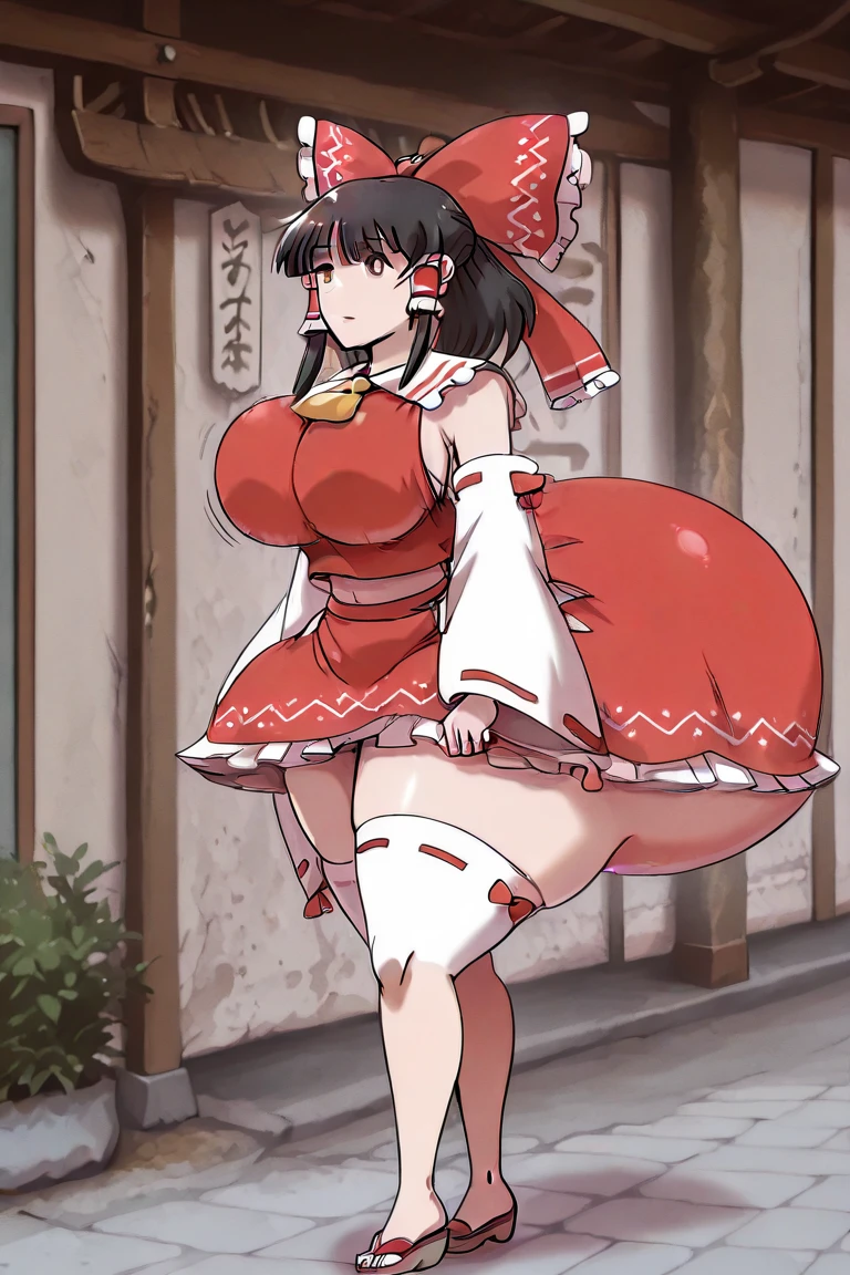 realistic, masterpiece, highest quality, perfect ???????,Anime Screen Capture, ((huge breasts)),wide ass、thick thighs、((shrine maiden、red mini skirt、white kimono、white leotard))、long hair ponytail、Slit orange eyes、navy blue hair , hand on chest、 ((blush))、((((embarrassing)))), Are standing、(city)、red demon horn、gold hair ornament
