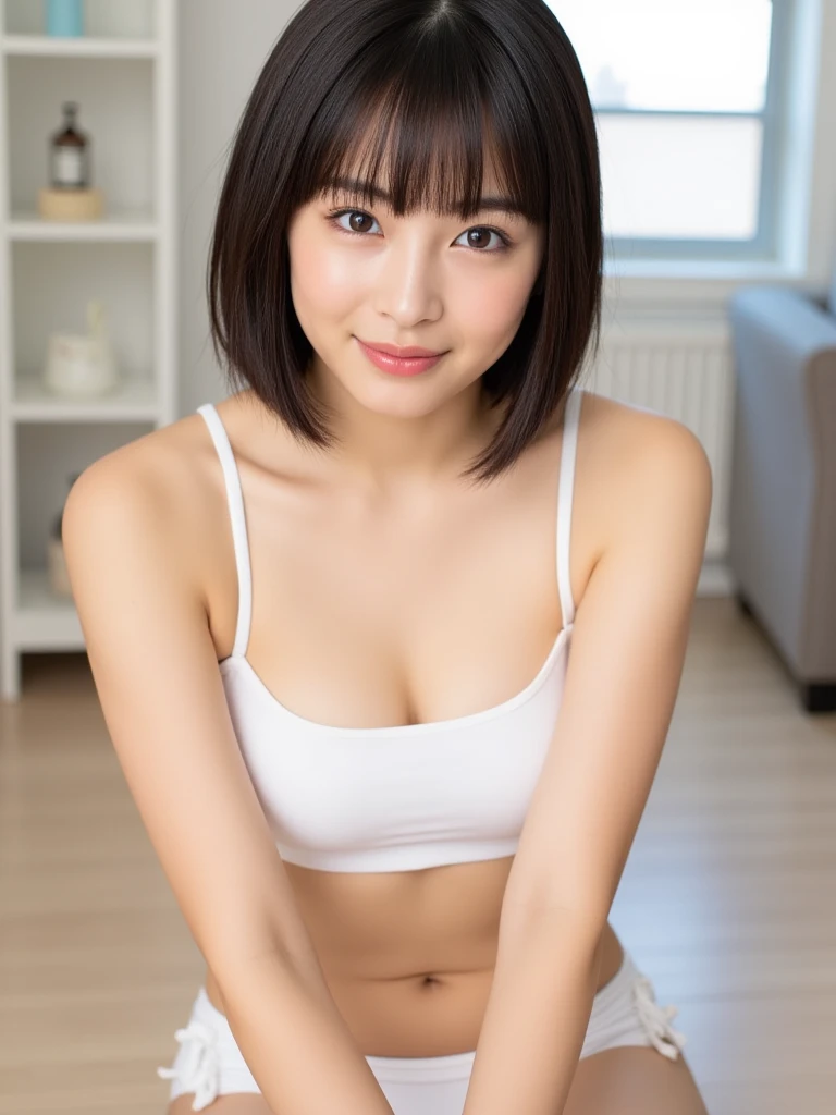 One girl, short hair,Black Hair,smile, summer, room,Sitting on the couch, Place your arms next to your hips,Legs together,Hold your head high,5th grade elementary school, Looking down, Pink Tank Top,front,Upper body close-up,transparent, (masterpiece, Highest quality), Soft Light, Structure of the film, Cinematic