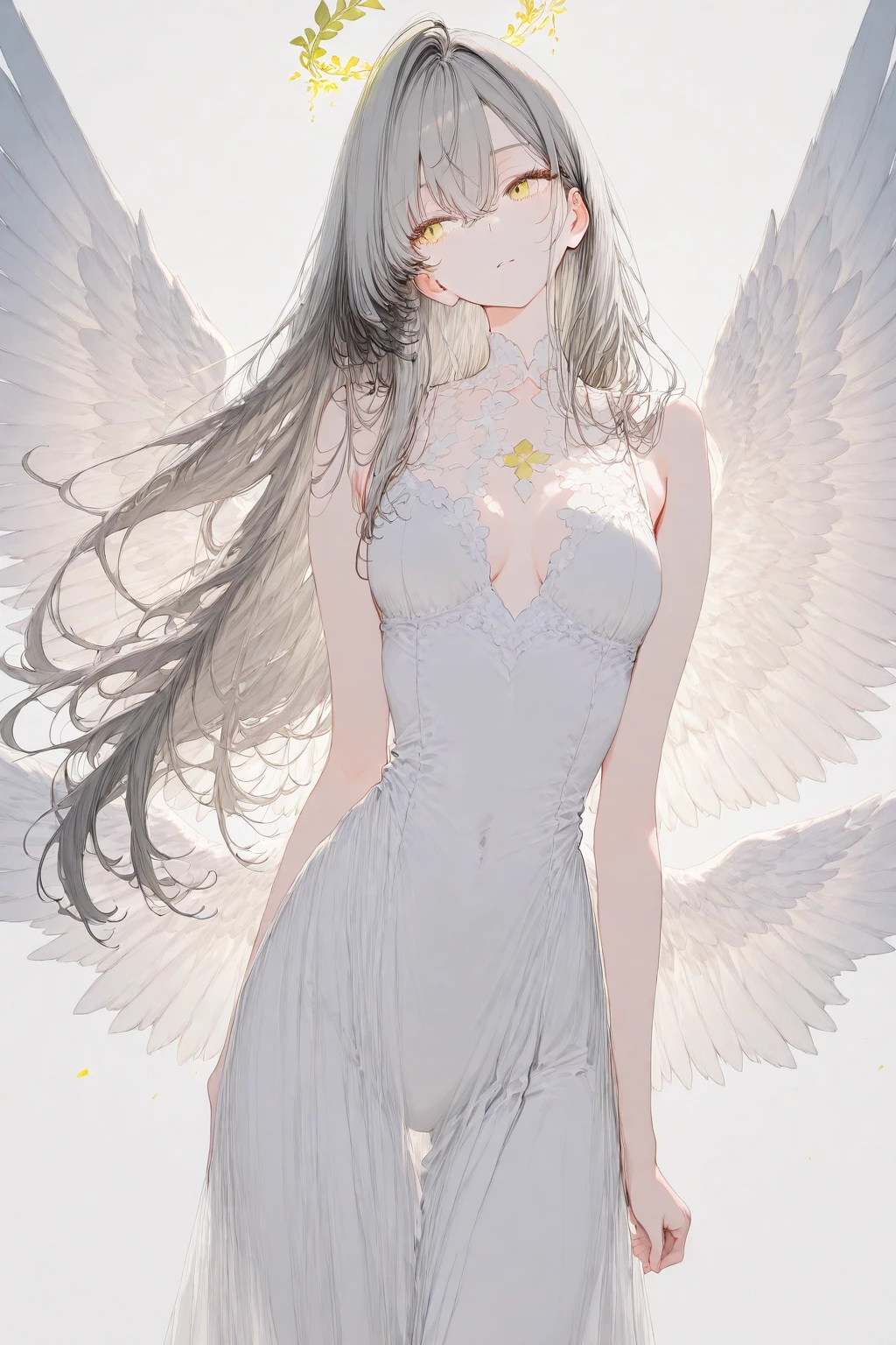 um anjo com longos cabelos brancos e asas brancas parado na frente de uma janela, de um lindo anjo, asas brancas, ethereal wings, of lindo anjo, Ethereal anime, glowing angelic being, grandes asas brancas brilhantes, lindo anjo, angelic purity, angelical, anjo, angelic wings, angelic, garota anjo cavaleiro, Anjo majestoso de corpo inteiro, Guweiz