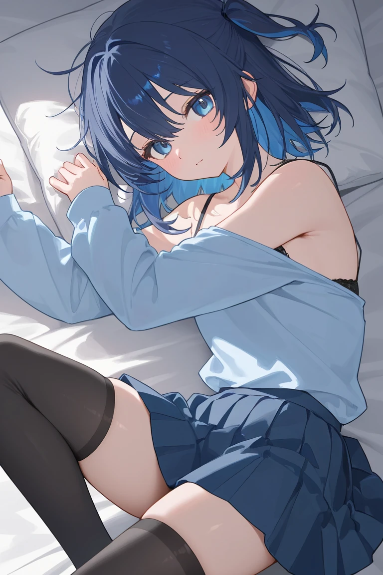 Mitsukai Skull,（skirt lift1.5）, showing panties, （blush）,Embarrassed,bed,Black underwear